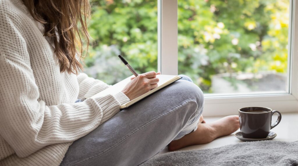 Woman journaling with coffee by a sunlit window, reflecting on inner thoughts and common therapy concerns